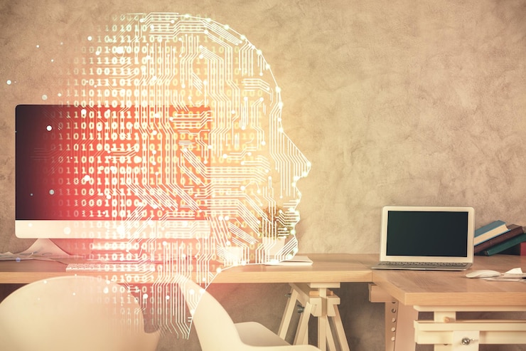 Foto exposición múltiple del dibujo del cerebro y el fondo interior de la oficina concepto de tecnología de datos