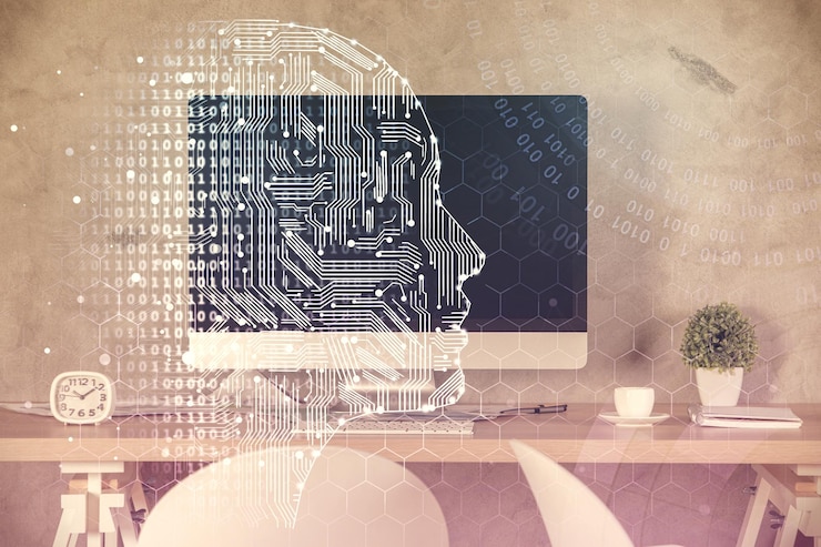 Foto exposición múltiple del dibujo del cerebro y el fondo interior de la oficina concepto de tecnología de datos
