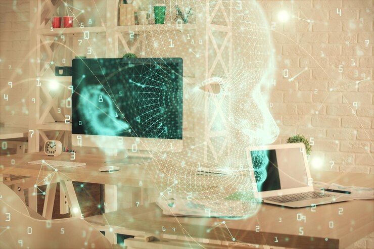 Foto exposición múltiple del dibujo del cerebro y el fondo interior de la oficina concepto de tecnología de datos