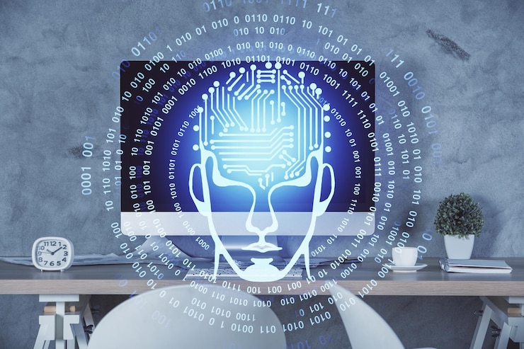Foto exposición múltiple del dibujo del cerebro y el fondo interior de la oficina concepto de tecnología de datos