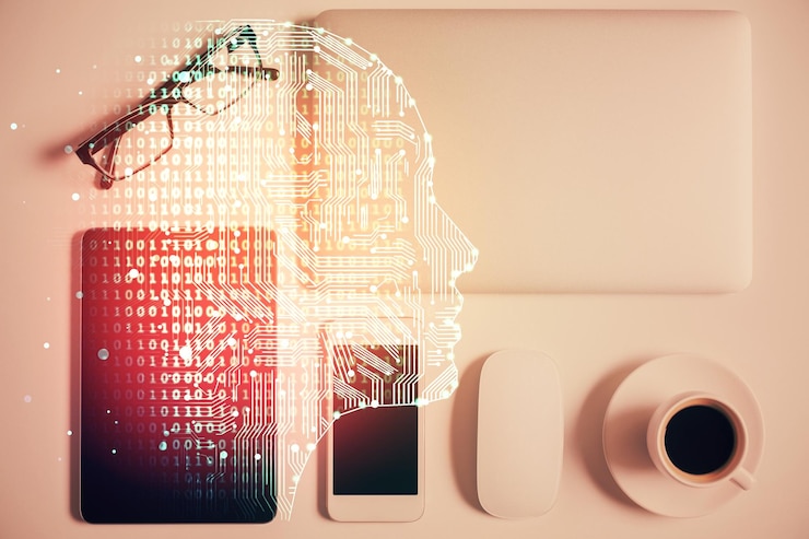Foto exposición múltiple del dibujo del cerebro sobre la mesa de trabajo vista superior concepto de análisis de datos globales