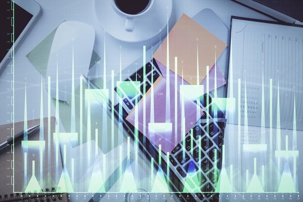Exposición múltiple del dibujo del gráfico financiero sobre el fondo de la tabla con concepto de computadora de investigación y análisis Vista superior