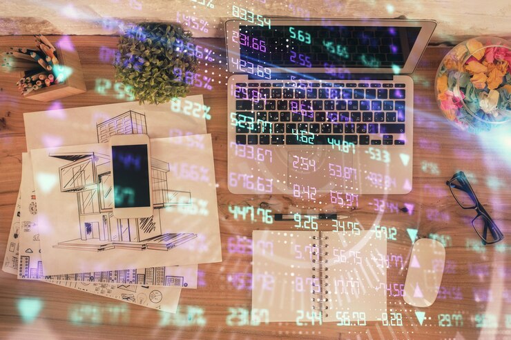 Foto exposición múltiple del dibujo del gráfico financiero sobre el fondo de la tabla con concepto de computadora de investigación vista superior