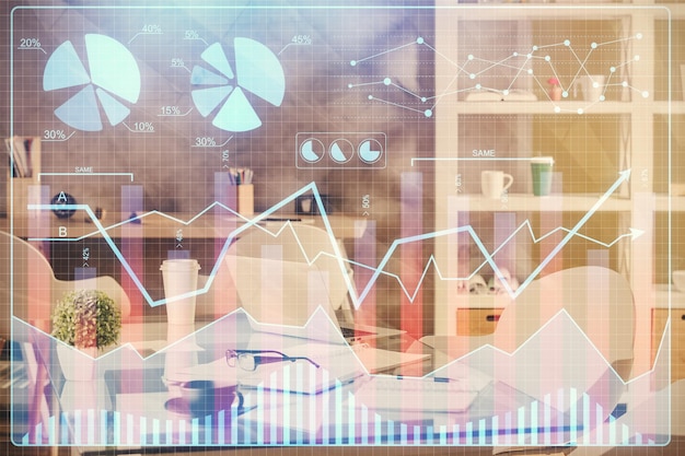 Exposición múltiple del dibujo del gráfico del mercado de valores y el fondo interior de la oficina Concepto de análisis financiero