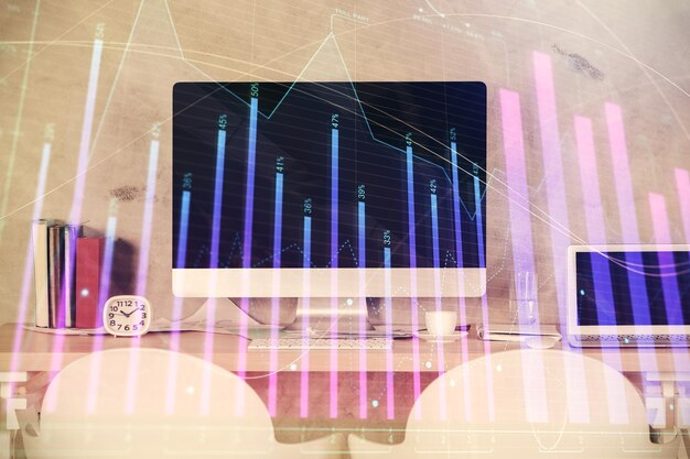 Exposición múltiple del dibujo del gráfico del mercado de valores y el fondo interior de la oficina Concepto de análisis financiero