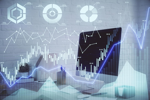Exposición múltiple del dibujo del gráfico del mercado de valores y el fondo interior de la oficina Concepto de análisis financiero