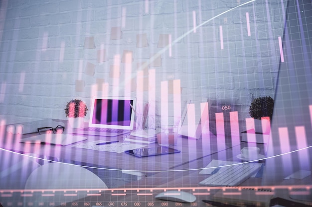 Exposición múltiple del dibujo del gráfico del mercado de valores y el fondo interior de la oficina Concepto de análisis financiero