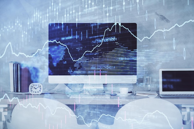 Exposición múltiple del dibujo del gráfico del mercado de valores y el fondo interior de la oficina Concepto de análisis financiero