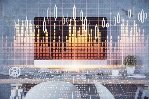 Exposición múltiple del dibujo de gráficos financieros y el fondo interior de la oficina Concepto de análisis de mercado