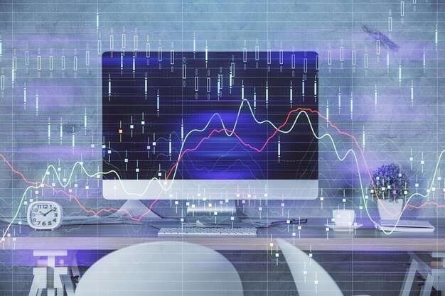 Exposición múltiple del dibujo de gráficos financieros y el fondo interior de la oficina Concepto de análisis de mercado