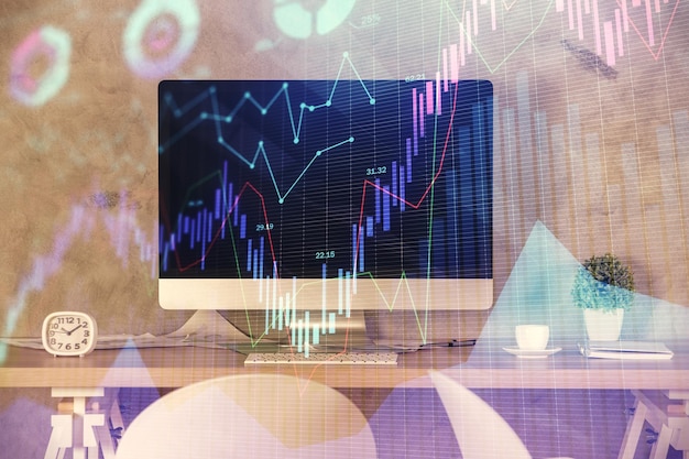 Exposición múltiple del dibujo de gráficos financieros y el fondo interior de la oficina Concepto de análisis de mercado