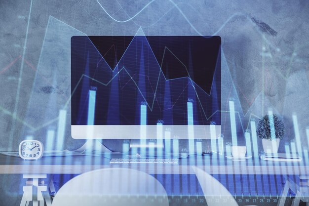 Exposición múltiple del dibujo de gráficos financieros y el fondo interior de la oficina Concepto de análisis de mercado