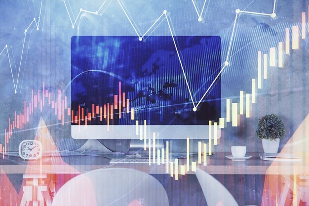 Exposición múltiple del dibujo de gráficos financieros y el fondo interior de la oficina Concepto de análisis de mercado
