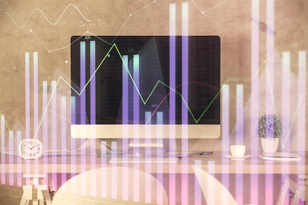 Exposición múltiple del dibujo de gráficos financieros y el fondo interior de la oficina Concepto de análisis de mercado