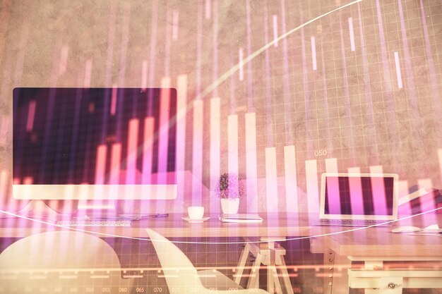 Exposición múltiple del dibujo de gráficos financieros y el fondo interior de la oficina Concepto de análisis de mercado