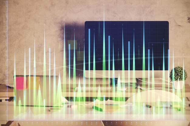 Exposición múltiple del dibujo de gráficos financieros y el fondo interior de la oficina Concepto de análisis de mercado