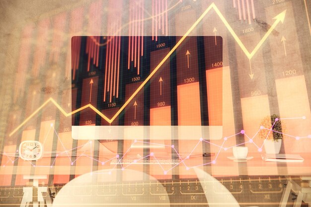 Exposición múltiple del dibujo de gráficos financieros y el fondo interior de la oficina Concepto de análisis de mercado