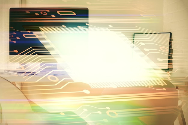 Exposición múltiple del dibujo del tema de datos y el fondo interior de la oficina Concepto de tecnología