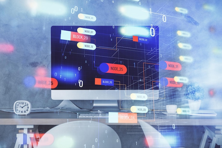 Foto exposición múltiple del dibujo del tema de datos y el fondo interior de la oficina concepto de tecnología