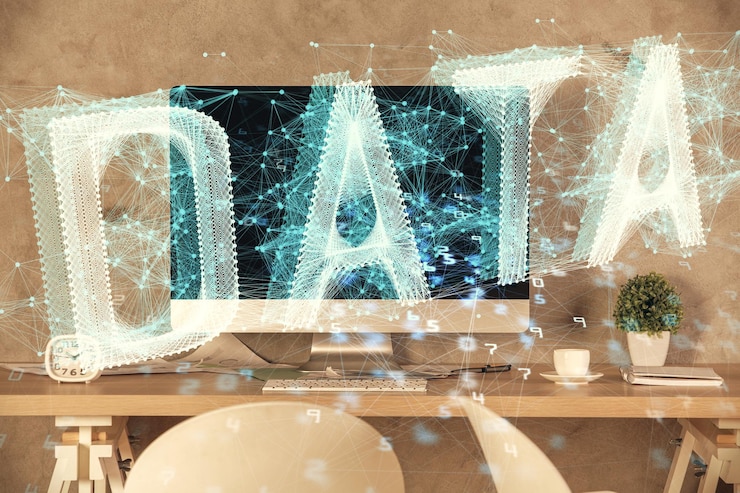 Foto exposición múltiple del dibujo del tema de datos y el fondo interior de la oficina concepto de tecnología