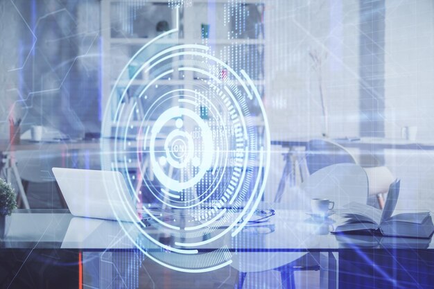 Exposición múltiple del dibujo del tema de datos y el fondo interior de la oficina Concepto de tecnología