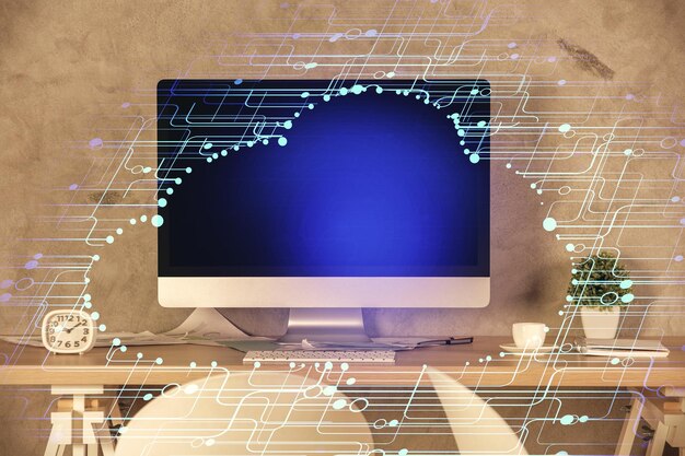 Exposición múltiple del dibujo del tema de datos y el fondo interior de la oficina Concepto de tecnología