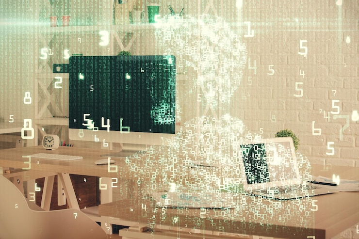 Foto exposición múltiple del dibujo del tema de datos y el fondo interior de la oficina concepto de tecnología