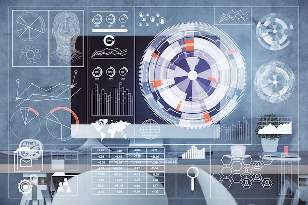 Exposición múltiple del dibujo del tema de datos y el fondo interior de la oficina Concepto de tecnología