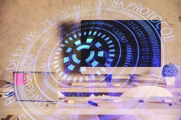Exposición múltiple del dibujo del tema de datos y el fondo interior de la oficina Concepto de tecnología
