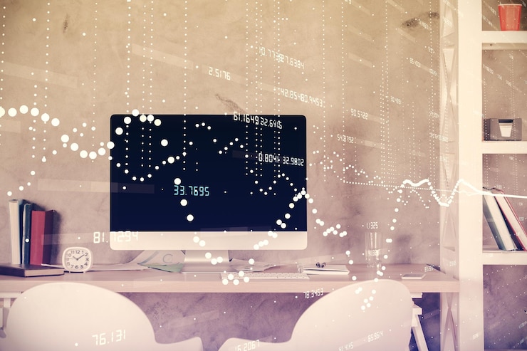 Foto exposición múltiple del dibujo del tema de datos y el fondo interior de la oficina concepto de tecnología