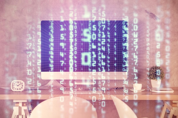 Foto exposición múltiple del dibujo del tema de datos y el fondo interior de la oficina concepto de tecnología