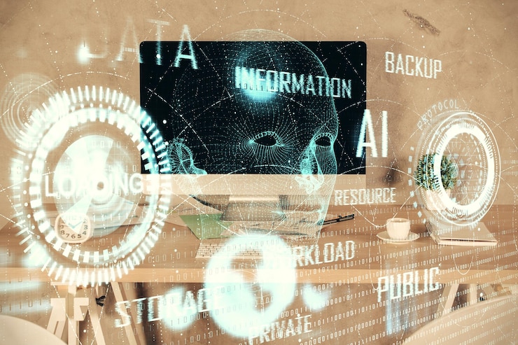 Foto exposición múltiple del dibujo del tema de datos y el fondo interior de la oficina concepto de tecnología