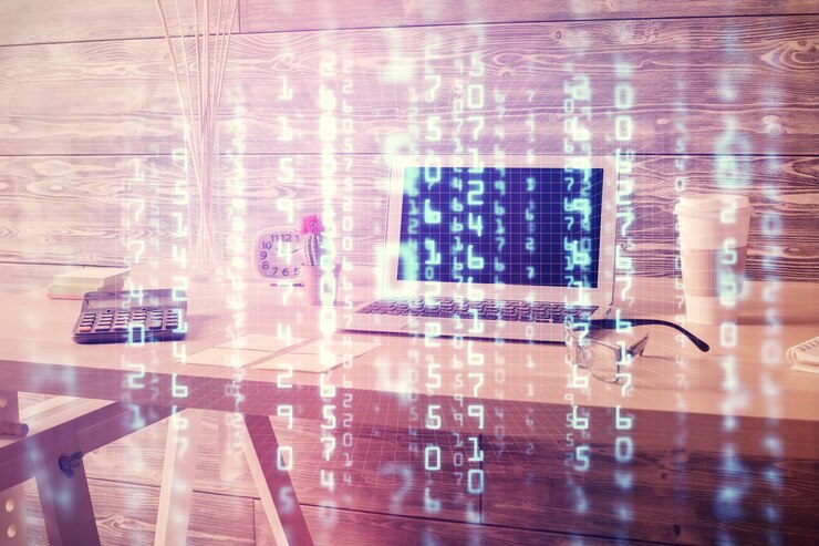 Foto exposición múltiple del dibujo del tema de datos y el fondo interior de la oficina concepto de tecnología