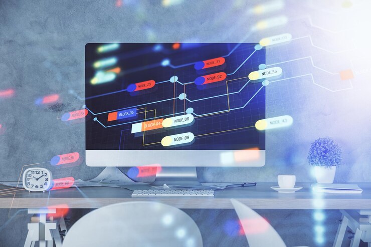 Foto exposición múltiple del dibujo del tema de datos y el fondo interior de la oficina concepto de tecnología