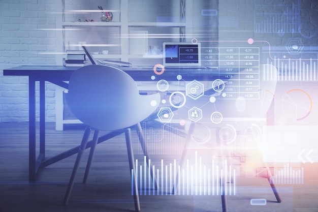 Exposición múltiple del dibujo del tema de datos y el fondo interior de la oficina Concepto de tecnología