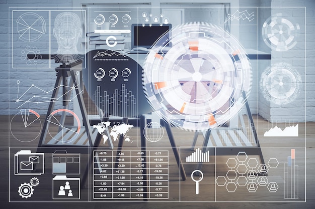 Exposición múltiple del dibujo del tema de datos y el fondo interior de la oficina Concepto de tecnología
