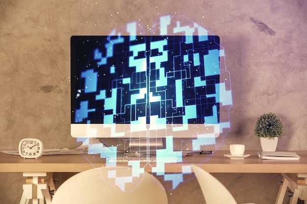 Exposición múltiple del dibujo del tema de datos y el fondo interior de la oficina Concepto de tecnología