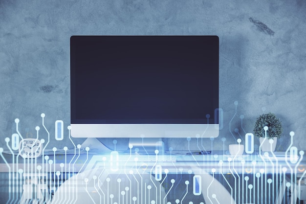 Exposición múltiple del dibujo del tema de datos y el fondo interior de la oficina Concepto de tecnología