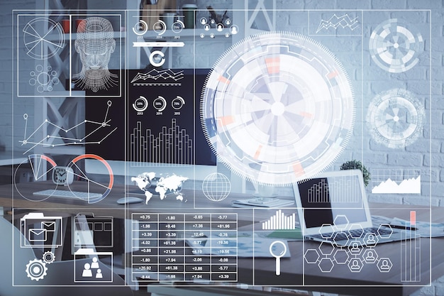 Exposición múltiple del dibujo del tema de datos y el fondo interior de la oficina Concepto de tecnología