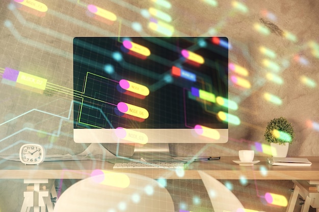 Exposición múltiple del dibujo del tema de datos y el fondo interior de la oficina Concepto de tecnología