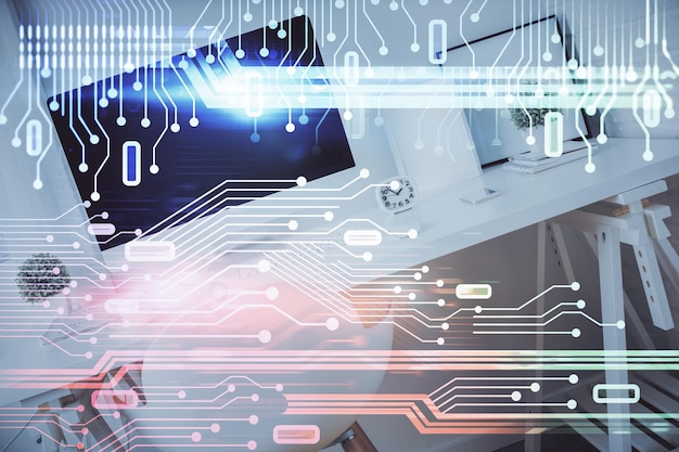 Exposición múltiple del dibujo del tema de datos y el fondo interior de la oficina Concepto de tecnología