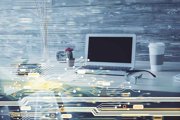 Foto exposición múltiple del dibujo del tema de datos y el fondo interior de la oficina concepto de tecnología
