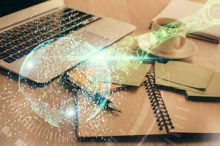 Foto exposición múltiple del dibujo temático de tecnología y escritorio con café y artículos sobre el fondo de la mesa concepto de investigación de datos