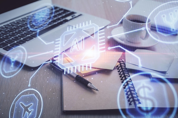 Exposición múltiple del dibujo temático de tecnología y escritorio con café y artículos sobre el fondo de la mesa Concepto de investigación de datos