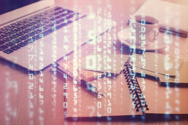 Exposición múltiple del dibujo temático de tecnología y escritorio con café y artículos sobre el fondo de la mesa Concepto de investigación de datos