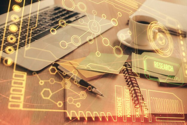 Exposición múltiple del dibujo temático de tecnología y escritorio con café y artículos sobre el fondo de la mesa Concepto de investigación de datos