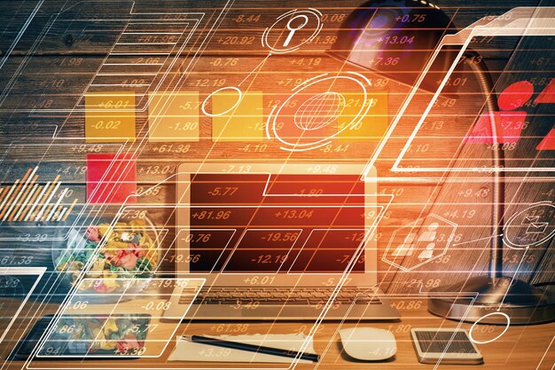 Exposición múltiple del escritorio con computadora en el fondo y dibujo temático tecnológico Concepto de big data