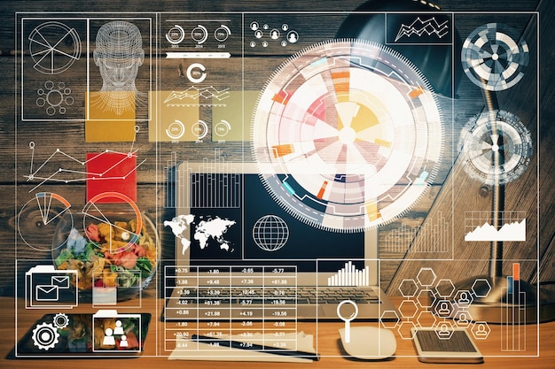 Exposición múltiple del escritorio con computadora en el fondo y dibujo temático tecnológico Concepto de big data
