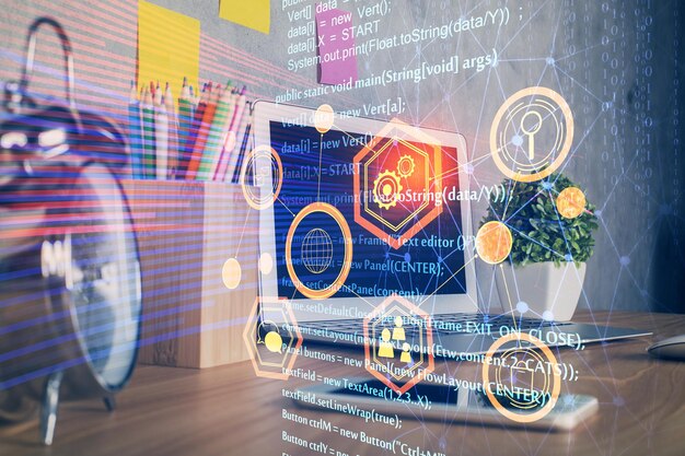 Exposición múltiple del escritorio con computadora en el fondo y dibujo temático tecnológico Concepto de big data
