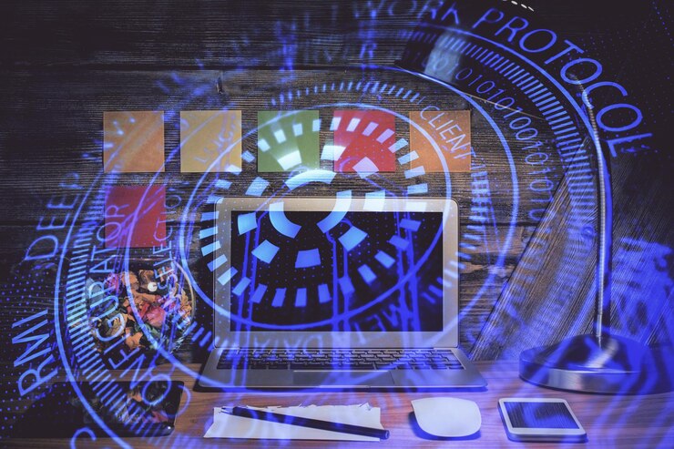 Foto exposición múltiple del escritorio con computadora en el fondo y dibujo temático tecnológico concepto de big data